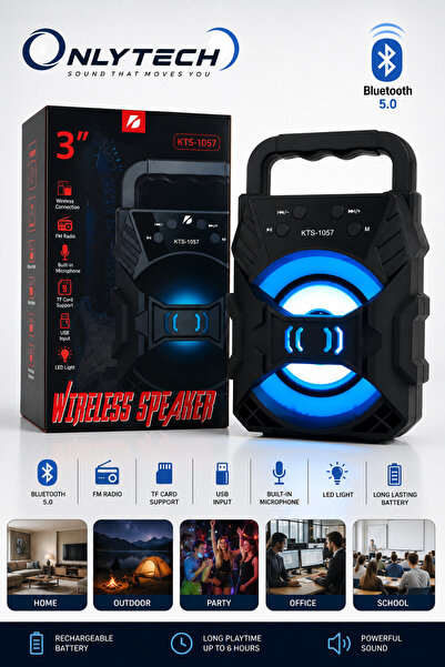 OnlyTech Kts 1057 işiklı Bluetooht höperlör Taşına Bilir Kaplosuz Radyolu Ses...