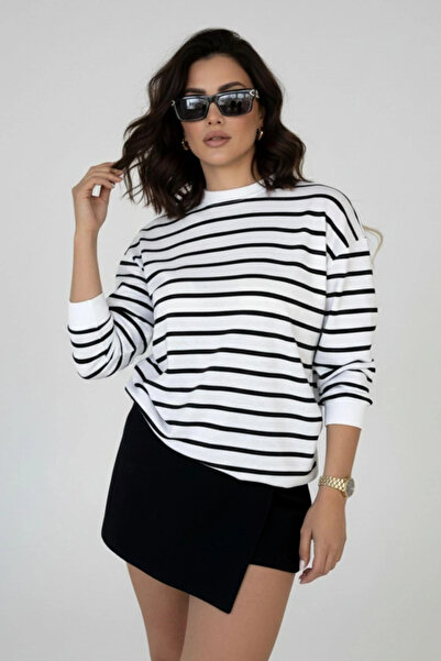 Rovebella Çizgili Beyaz Sweatshirt