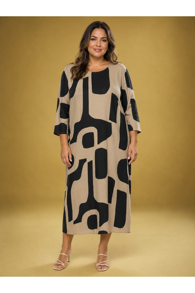 RAMAN Plus Size Black Beige Patterned Long Dress