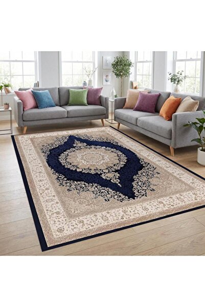 Carpettex Klasik Madalyonlu Lacivert Krem Halı – Zarif Desenli, Şık ve Zamans...