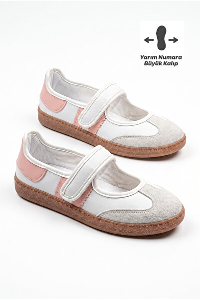 v.s.h velvet Pantofi balerină Mary Jane cu velcro alb-roz /Mary