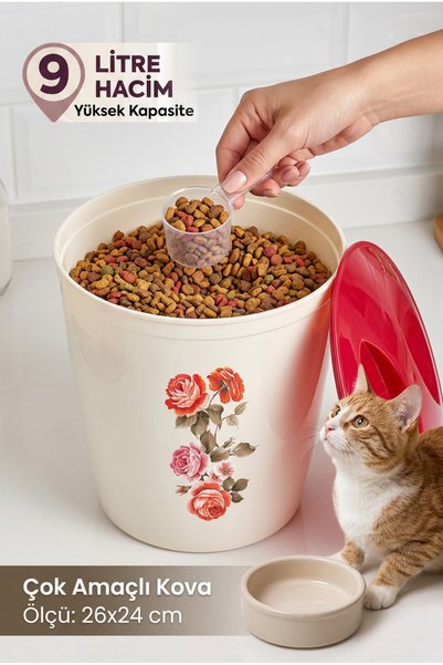 Özmet Multi-Purpose Bucket with Patterned Lid, Detergent Bucket, Latch Bucket, Cat Food Storage Box (9 Liters)