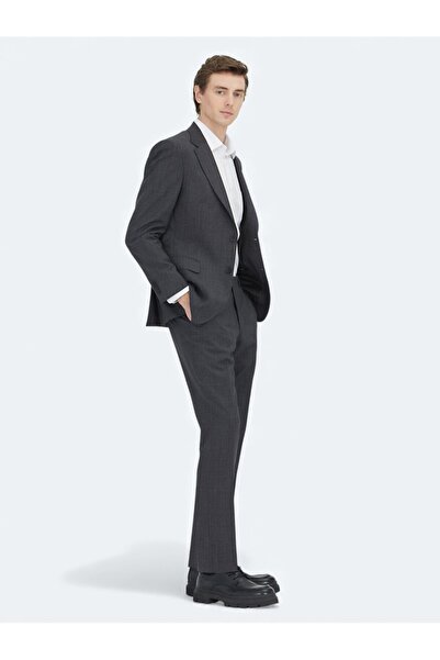 Kip Antrasit Çizgili Modern Fit Yün Karışımlı Takım Elbise