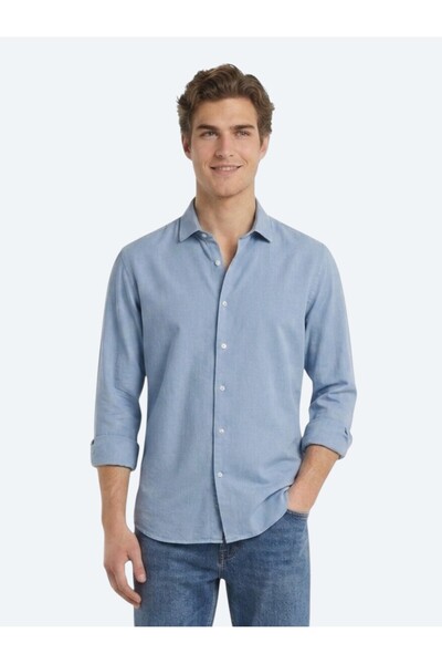 Kip Dark Indigo Plain Regular Fit Long Woven Casual Cotton Blend Shirt
