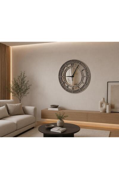 Nera Tasarım Dekoratif Aynalı Duvar Saati Ahşap Roma Rakamlı Modern Salon Mut...