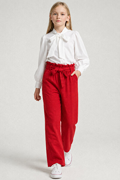 FESSHERA KİDS Girl's Scarf Collar Blouse Belted High Waist Wide Leg Pants Set...