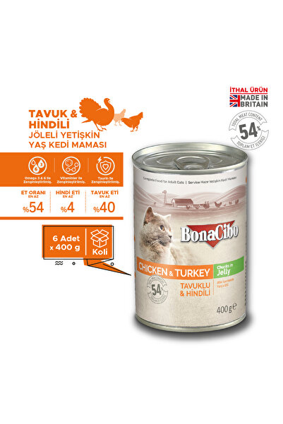 BonaCibo Jöleli Tavuk ve Hindili Yaş Kedi Maması, 400 Gr X 6 Adet