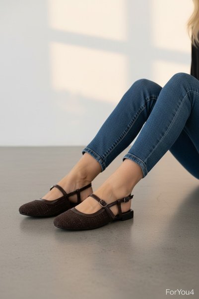 ForYou4 Minor Tweed Black Tape Detailed Ballerina Flats Mary Jane