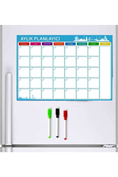 Dünya Magnet Aylık Magnet Planlayıcı , 35x50 Cm Katlanabilir Silinebilir Mıknatıslı Yazı Tahtası Pano + 3 Kalem
