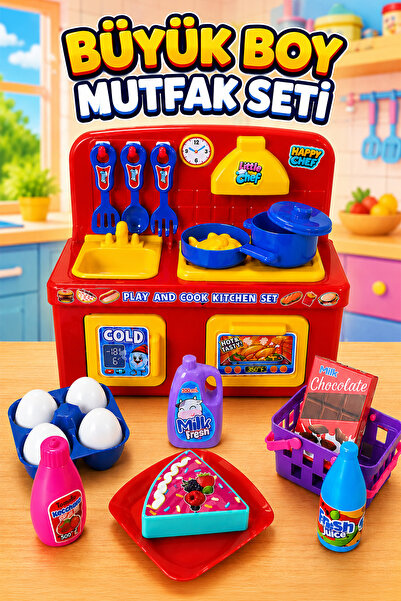 FunkyCraft Oyuncak Mutfak Seti Büyük Boy Tezgahlı Mutfak Oyun Seti Sepetli Pa...