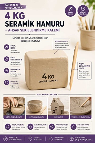 O&S Oyun ve Sanat Eğlen-Üret 4000 gr Seramik Hamuru Kil Çamuru, Beyaz Oyun Ha...
