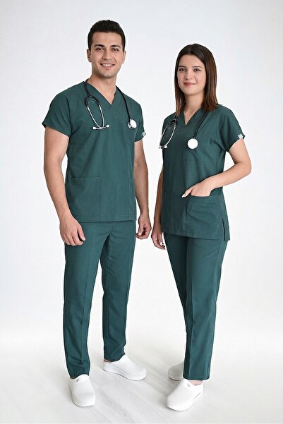 Nur Medikal Giyim Unisex Ördekbaşı Yeşili Pamuk Likralı Erkek Scrubs Cerrahi ...