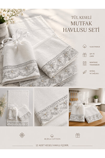 Bursa Cotton TÜL KESELİ 12 adet 30x50 Mutfak Havlusu, Mevlüt, Konvoy, Araba H...