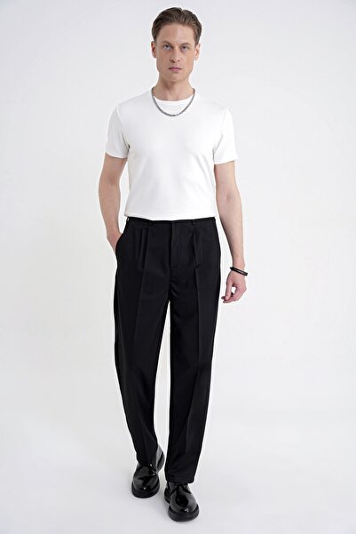 Efor Oversize Fit Side Pocket Stretch Cotton Double Pleated Black Trousers P ...