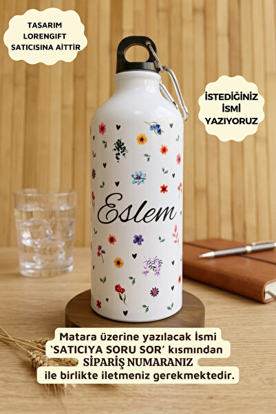 Loren Gift Kişiye Özel İsimli Kancalı Alüminyum Suluk Matara Floral Düşler 60...