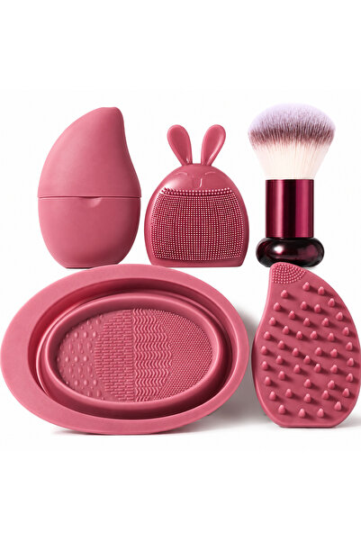 Arabest 5Pcs Makeup Brush Cleaning Tool Set with Mini Face Brush, Wine Red Si...