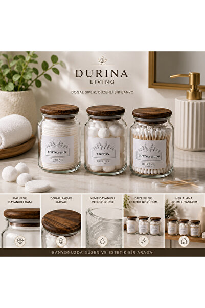 Durina Living Acacia Lid Glass Jar Set of 3 – Bathroom Organizer Cotton Swab ...