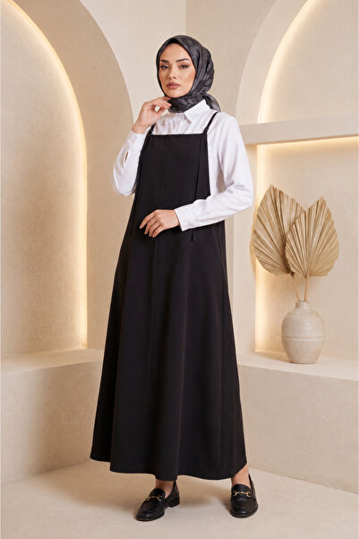 USLULAR Black Rope Strap Dabıl Fabric Gilet Dress Oversize Hijab Dress with A...
