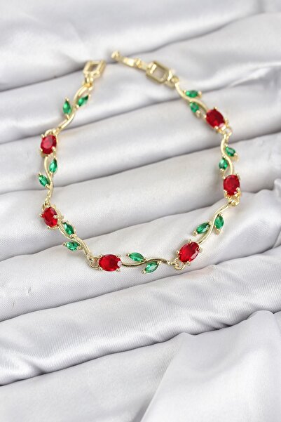Inure Jewelry سوار نسائي من النحاس باللون الذهبي وحجر الزركون الأحمر على شكل ...