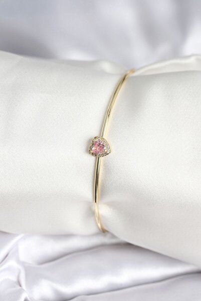 Inure Jewelry سوار نسائي من حجر الزركون الوردي على شكل قلب باللون الذهبي