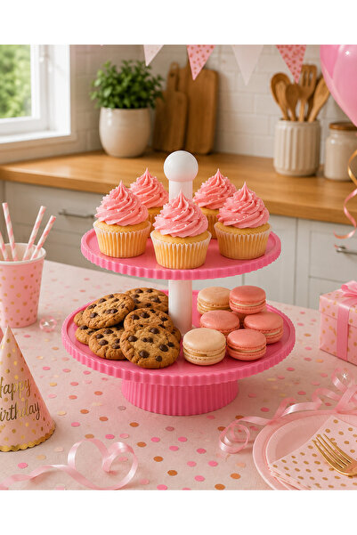 Mazaka Studio 2 Katlı Pembe Sunum Standı – Kurabiyelik, Cupcake ve Takı Organ...