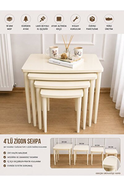 Home Başaran Concept Üst Kalite 1. Sınıf Mdf Boyalı 4 Lü Zigon Sehpa Krem Sehpa