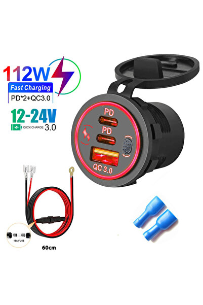 Choice1 مقبس شاحن سيارة أحمر بخطوط PD3.0 و QC3.0 منفذي USB C مقاوم للماء مع م...