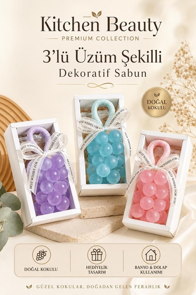 Kitchen Beauty 3'Lü Üzüm Şekilli Kokulu Dekoratif Sabun | Doğal İçerikli Koku...