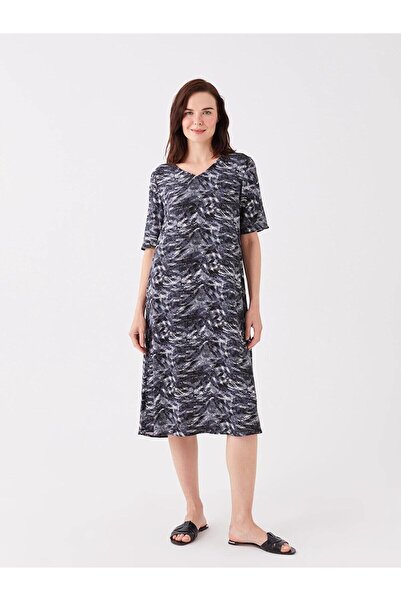 LC Waikiki V-Neck Patterned Short Sleeve Linen Look Women's Dress (S3)