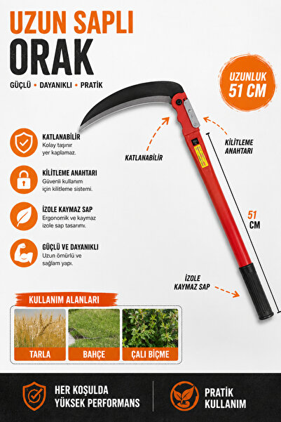 Bossra Kırmalı Orak Metal Bağ Bahçe Tarla Orağı Katlanabilir Uzun Model :51 Cm