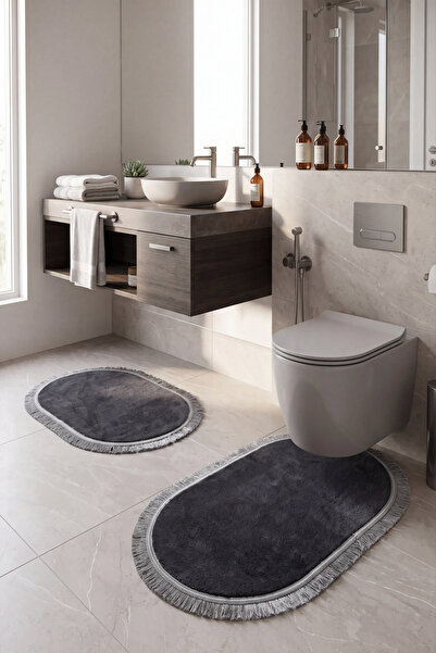 Günilla Home 2li Banyo Paspas Takımı Kaymaz Taban Yumuşak Doku Saçaklı Oval K...