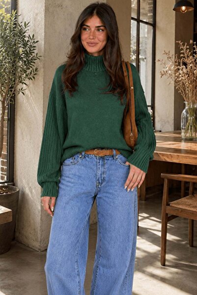 Madmext Khaki Half Turtleneck Wick Detailed Women's Sweater Mg2156