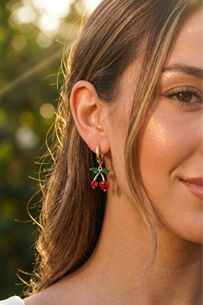 Jack Ferrero Steel Yellow Plated Green Leaf Red Stone Cherry Figured Hoop Ear...