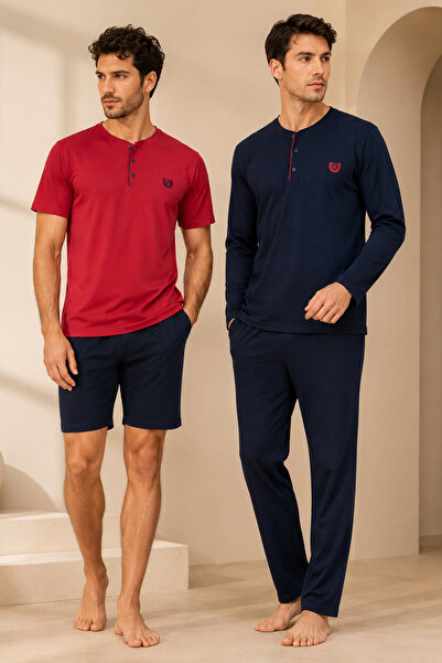 Loule Men's 100% Cotton Combed Cotton 4-Piece Summer & Winter Pajama Set