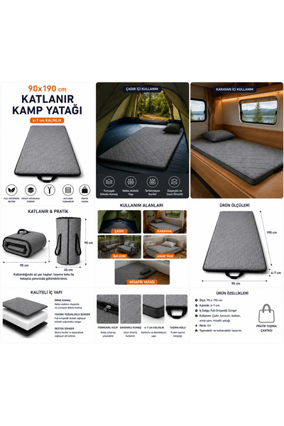 Nirvana 90/190 ölçü.Tek Kişilik Katlanır Sünger Yatak.KaravanYatagı.Kamp Matı...