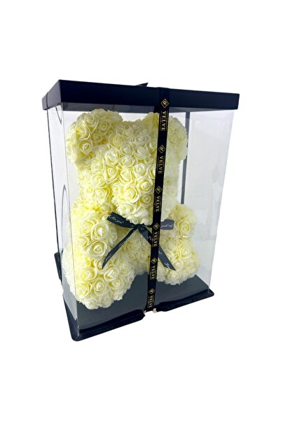 velve Ursulet floral din trandafiri spuma alb ivory, 40 cm, in cutie transpar...
