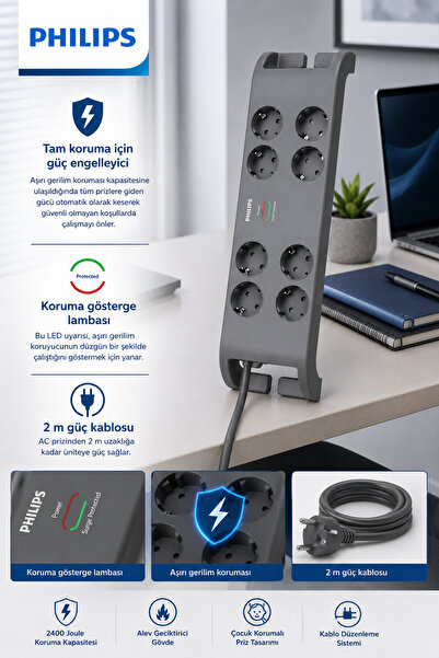 Philips SPN8180GA Akım Korumalı Priz 8'li + 2x Usb-A 18W + 2x Usb-C 20W - 2m Kablo - Siyah