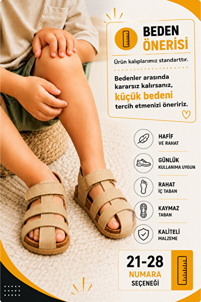 Ayakkabı Deryası Unisex Çocuk Sandalet Yazlık Cırt Cırtlı Rahat Günlük Bej 21-28