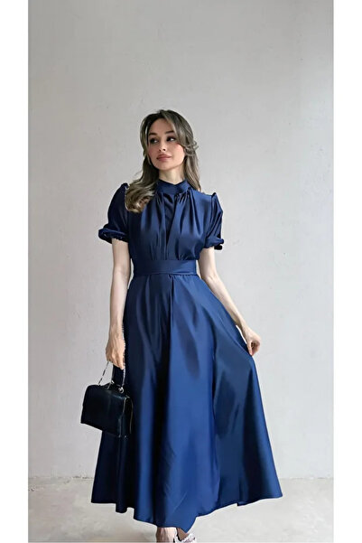 Nika Fashion Nil Lacivert Kloş Etek Kısa Kol Midi Boy Saten Abiye Elbise Laci...