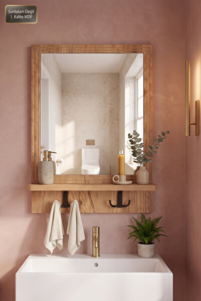 MONTESEV Antik Ahşap Dekoratif Ayna Raflı Askılıklı Banyo Oda Lavabo Wc Dresu...