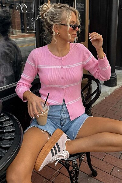 Madmext Pink Striped Women's Knitwear Cardigan Mg2481