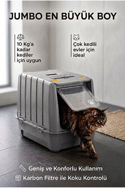 Kurtbay Şekil Jumbo Dev Boy Büyük Kapalı Kedi Tuvaleti, Filtreli ve Kürek Hed...