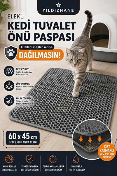 Yıldızhane Elekli Kedi Tuvalet Önü Paspası 60x45 cm Gri Çift Katmanlı Kum Top...