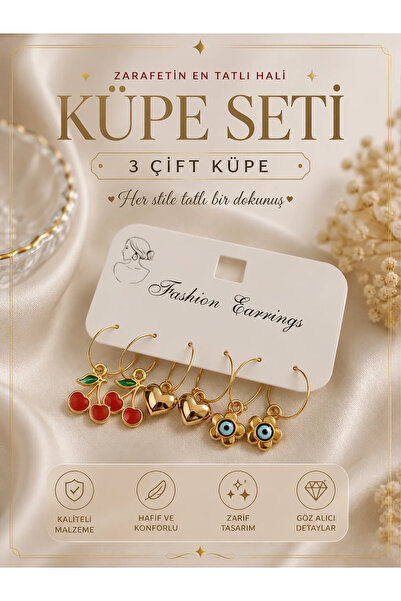 karmabijuteriaksesuar Women's Gold Color 6-Piece Earring Set Cherry Heart Evi...