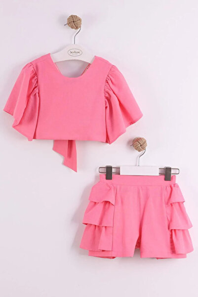 Minigimin Cicileri My Little Girl's Back Bow and Ruffle Shorts Set - Fuchsia