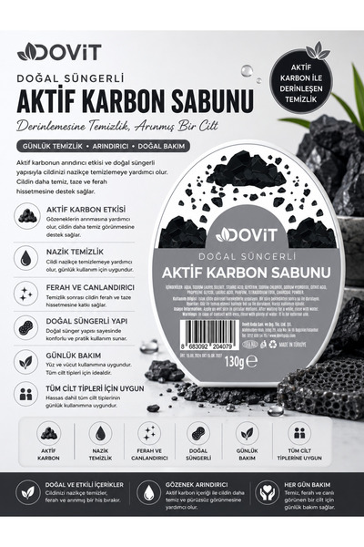 Dovit Natural Sponge Activated Carbon Soap 130 g |   Purifying Daily Skin Cle...