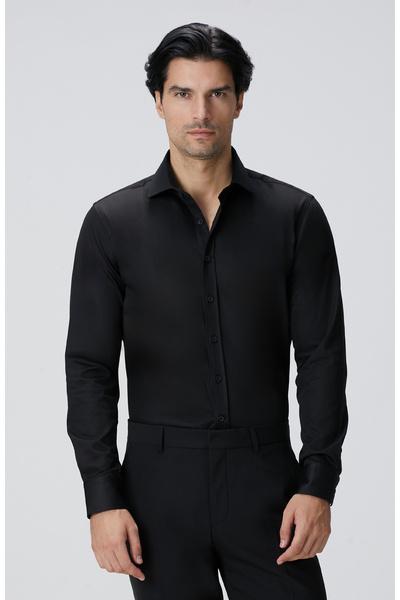 Network Slim Fit Siyah Pamuk Saten Gömlek