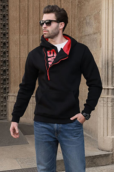 Madmext Black Zipper Detailed Hooded Sweatshirt 1767