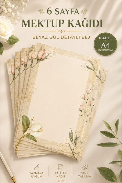 Welly Jones Beige Paper Letter Paper with White Rose Detail (10 Pieces A4 Size)