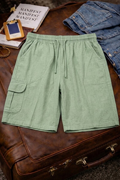 DAMGA JEANS شورت رجالي أنيق وعصري من الكتان الأخضر مع جيوب كارجو واسعة